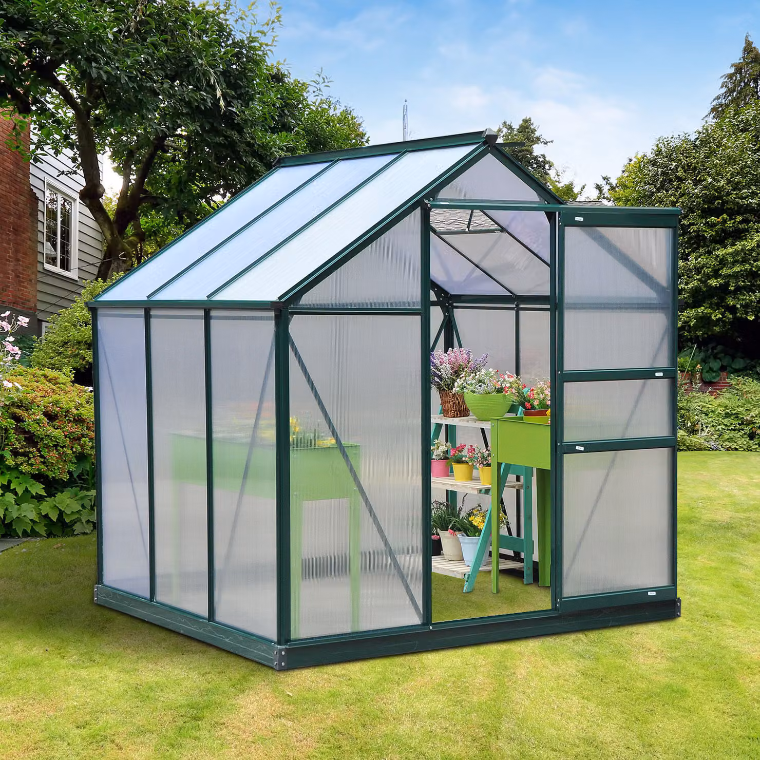 Outsunny Large Walk-In Polycarbonate Garden Greenhouse with Aluminium Frame and Galvanised Steel Base, W/D/H: 182.88 x 192.0 x 201.0 cm – 2