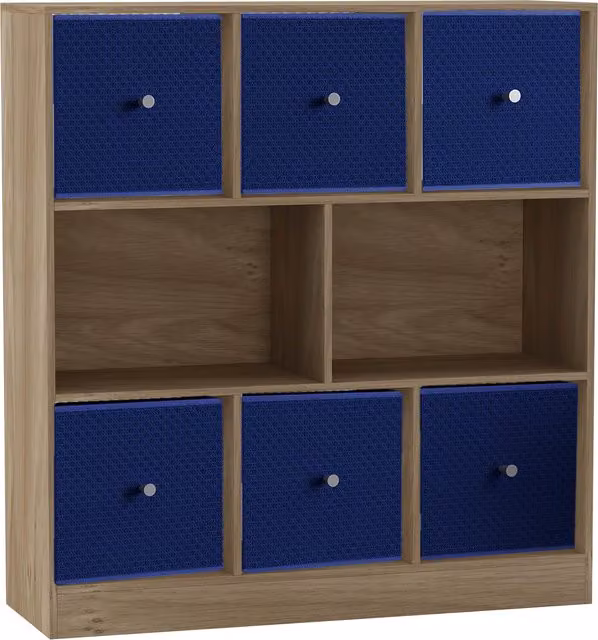 URBNLIVING 8 Cube Oak Bookcase with 6 Royal Blue Fabric Storage Drawers