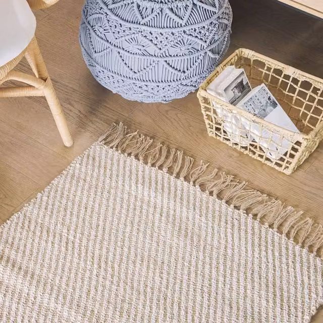 Wyld and Coco Beige Jute and Cotton Handwoven Boho Area Rug with Fringes, W: 80 cm, L: 150 cm – 1