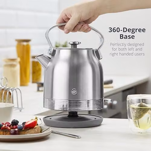 Swan Retro Kitchen Set in Silver Stainless Steel featuring 1.7L Rapid Boil Kettle and 2 Slice Toaster – 2