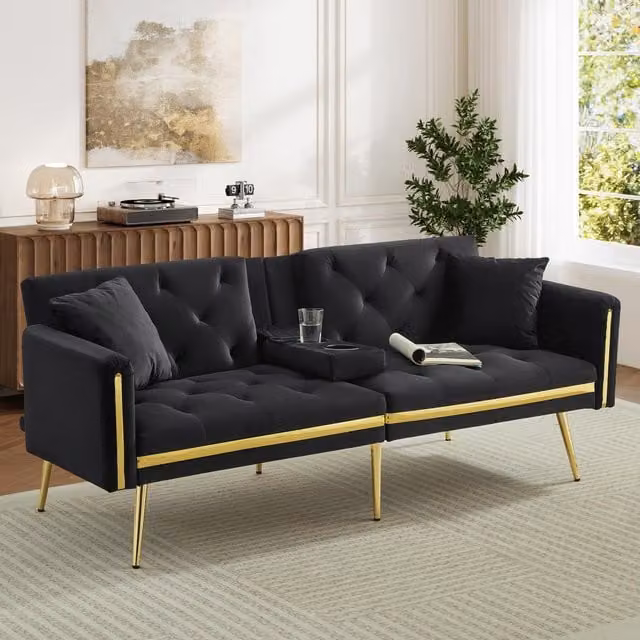 Aosom UK Black Velvet Two-Seater Convertible Sofa Bed with Adjustable Backrest and Cup Holders, W/D/H: 174 x 76 x 71.5 cm – 1