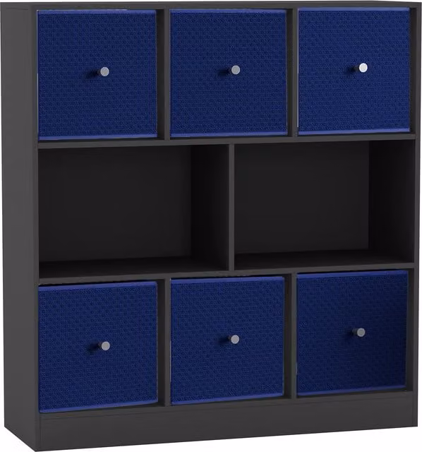 URBNLIVING 8 Cube Black Bookcase with 6 Royal Blue Fabric Storage Drawers