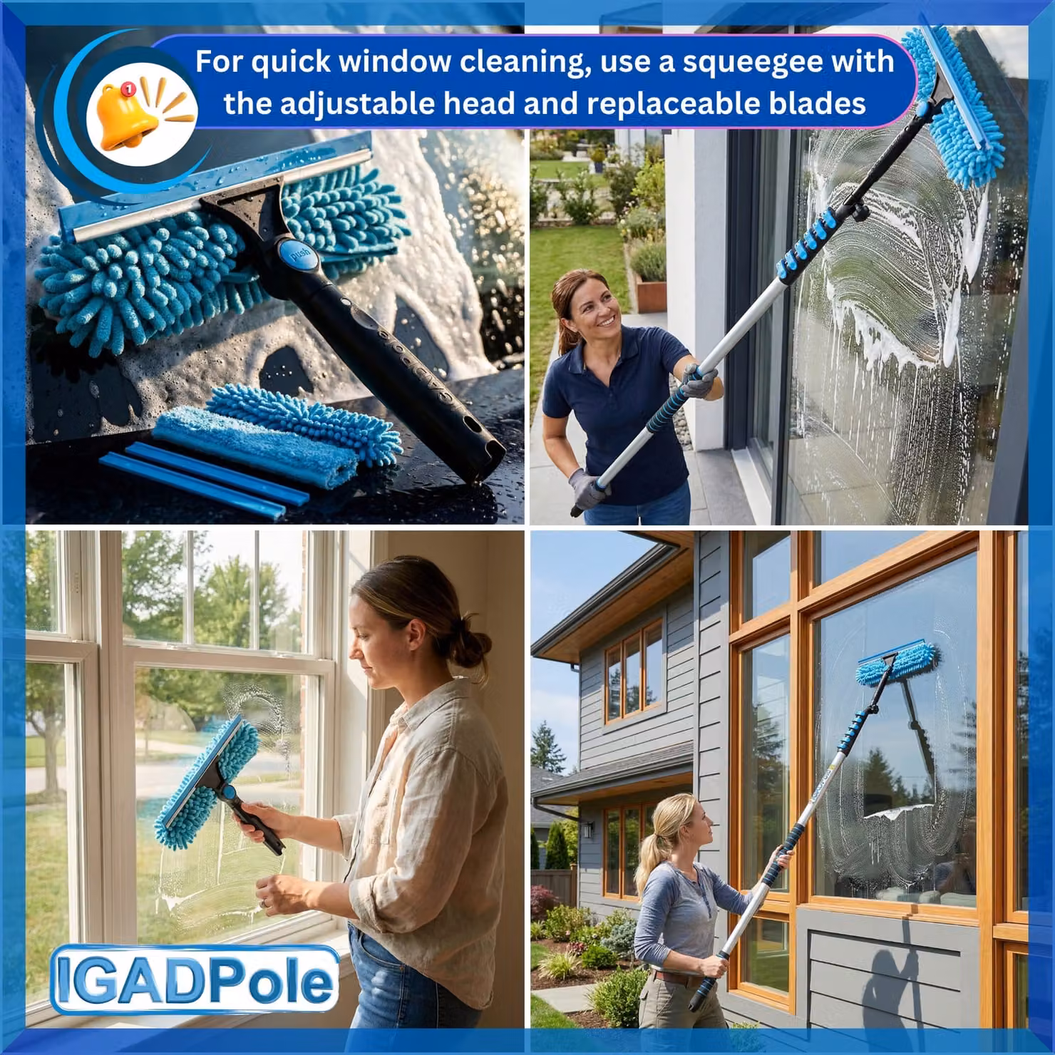 IGAD Blue Telescopic Window Cleaning Kit with Aluminium Extension Pole and Microfibre Squeegee – 2