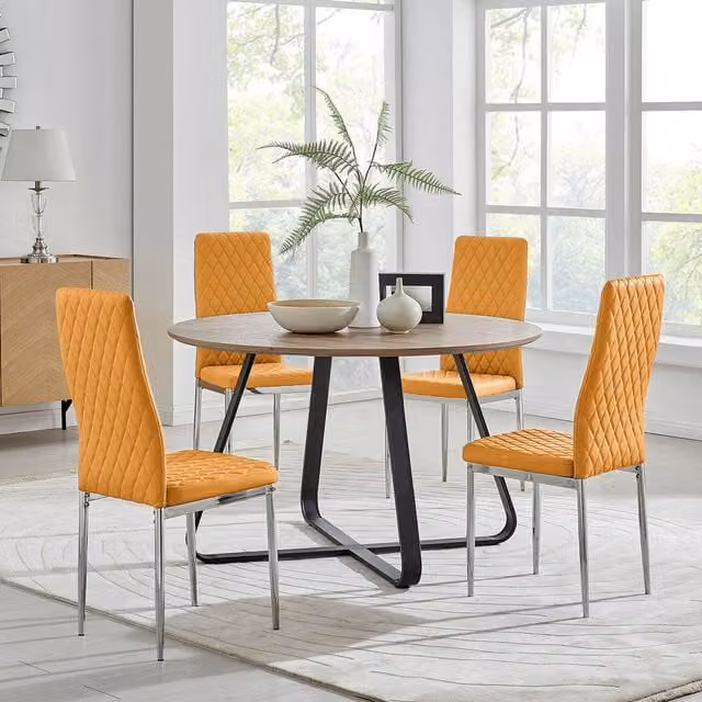 FurnitureboxUK Santorini Round Dining Table and 4 Milan Chairs Set in Brown and Mustard