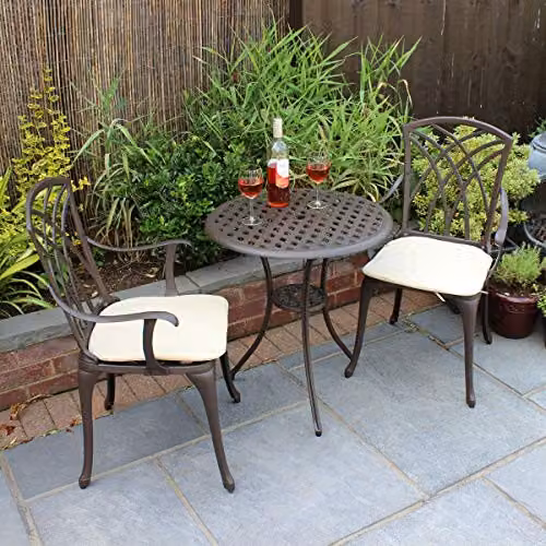 Charles Bentley 3 Piece Powder Coated Aluminium Bistro Set in Brown with Beige Cushions