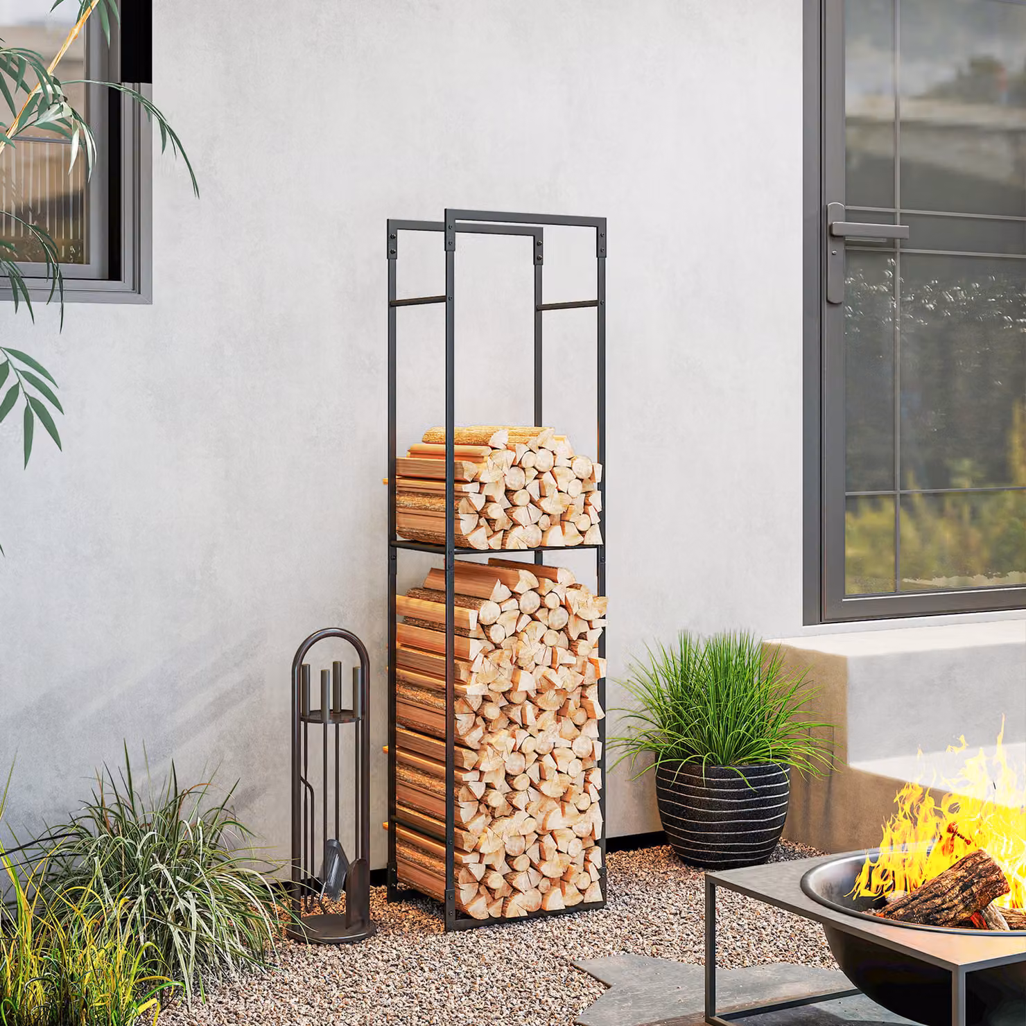 Outsunny Metal Firewood Log Holder with Adjustable Shelves, Black, W/D/H: 45 x 31 x 170 cm – 2