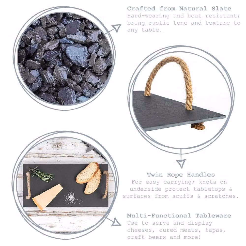 NESTLUNE Rectangular Slate Serving Tray with Rope Handles in Grey, W: 40 cm, D: 20 cm – 2