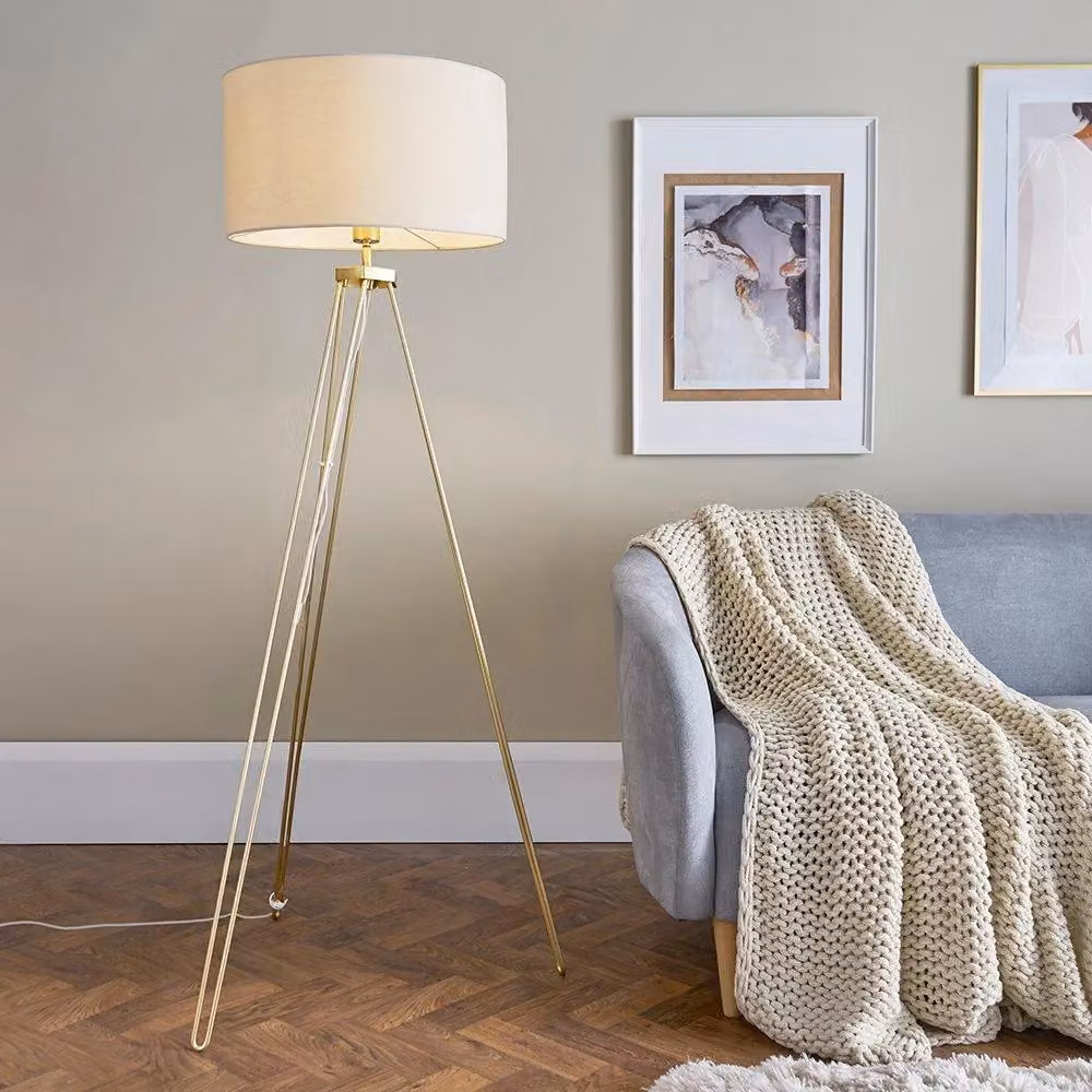 ValueLights Aero Modern Gold Floor Lamp with Beige Fabric Cylinder Shade – 2
