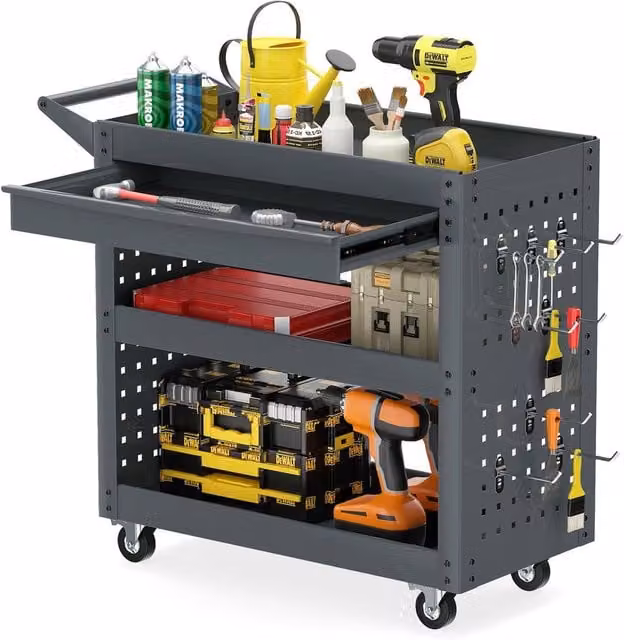Costway 3 Tier Metal Mechanic Tool Trolley with Pegboards and Hooks in Grey