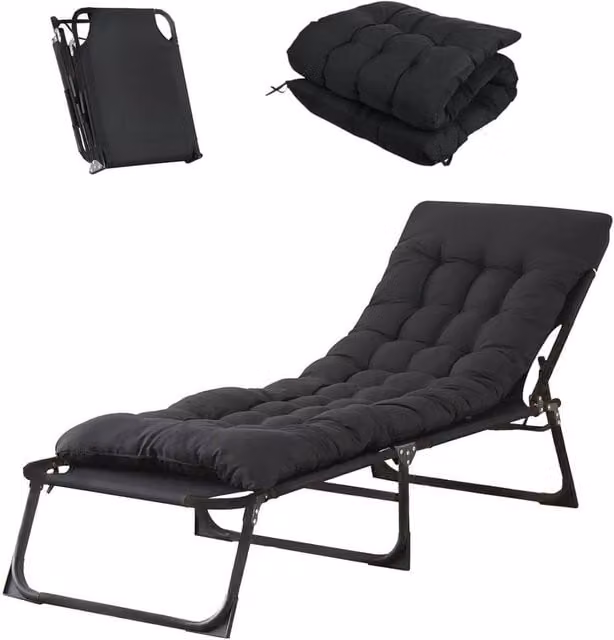 PAWNORA Single Folding Sun Lounger Recliner in Black with Weatherproof Cushion – 1