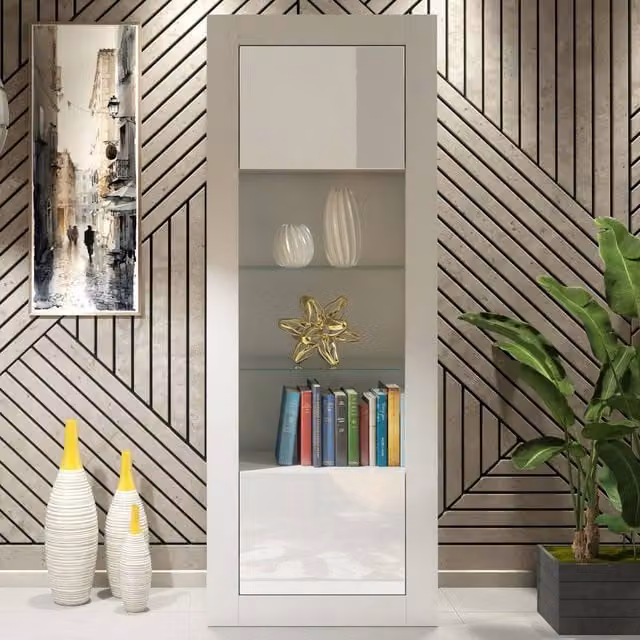 Creative Furniture Illume Display Cabinet, White Glossy Finish with Glass Doors, H 170 cm x W 63 cm x D 35 cm