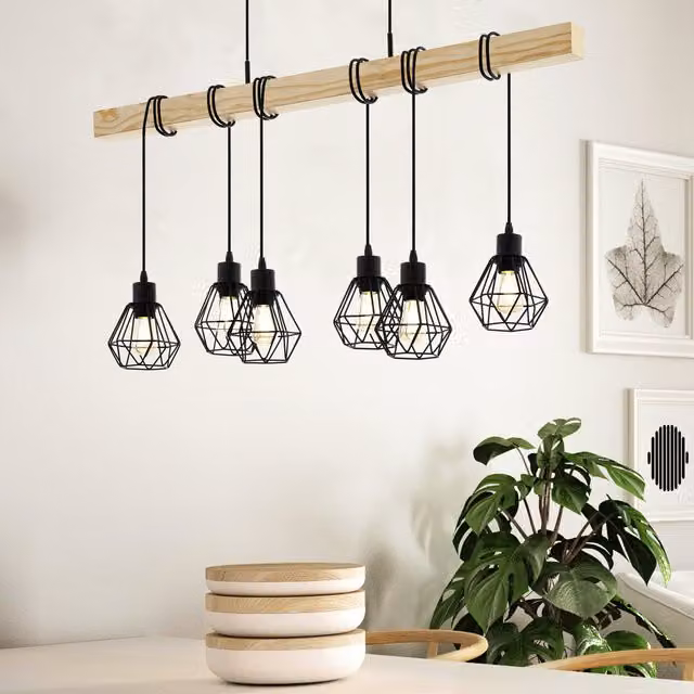 Eglo Townshend 5 Industrial Pendant Light in Black Steel and Wood with E27 Socket