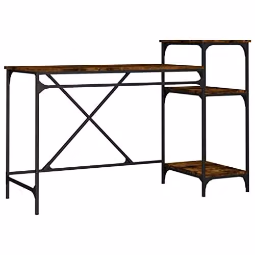 vidaXL Computer Desk with Shelves in Smoked Oak and Brown, W/D/H: 135 x 50 x 90 cm