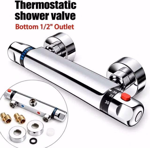YnysTec Chrome Thermostatic Shower Mixer Bar Valve with 38°C Safety Stop and G1/2 Outlet in Silver – 1