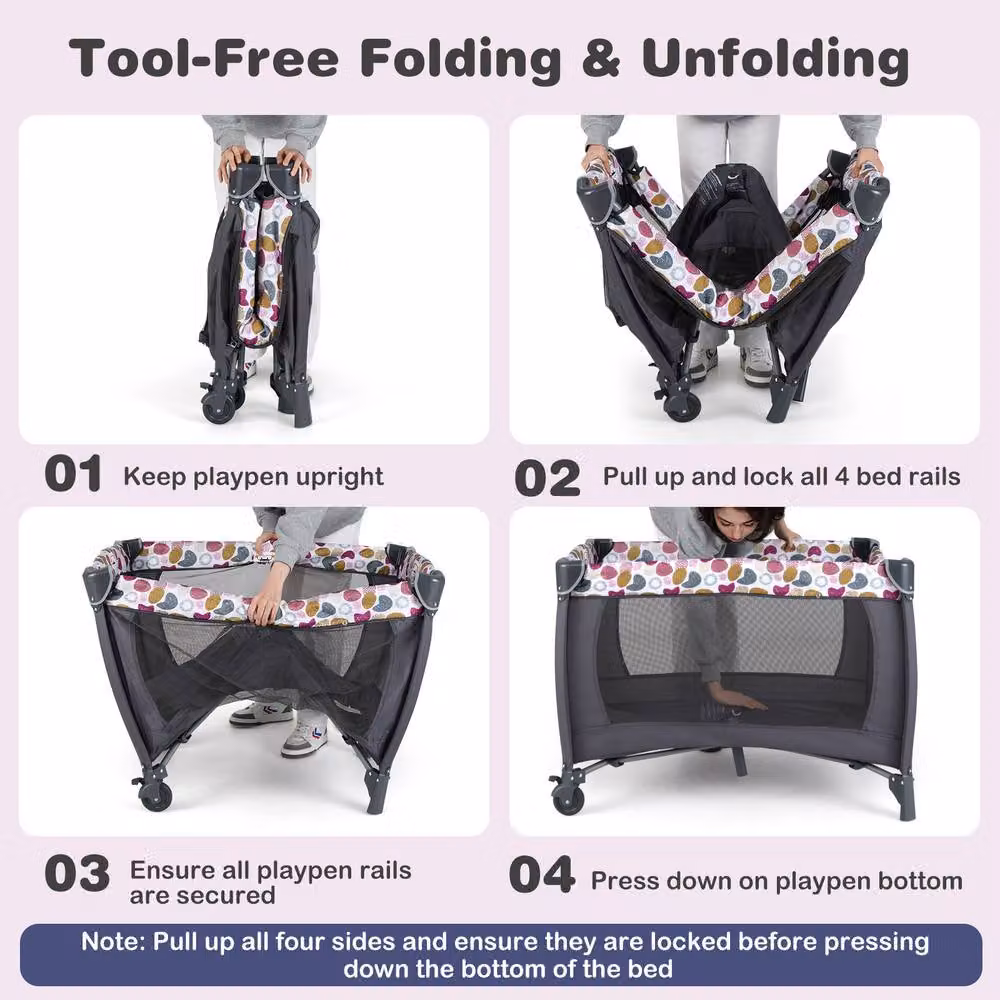 Costway Foldable Pack and Play Portable Baby Playard with Rocking Bassinet and Music Box in Pink – 6