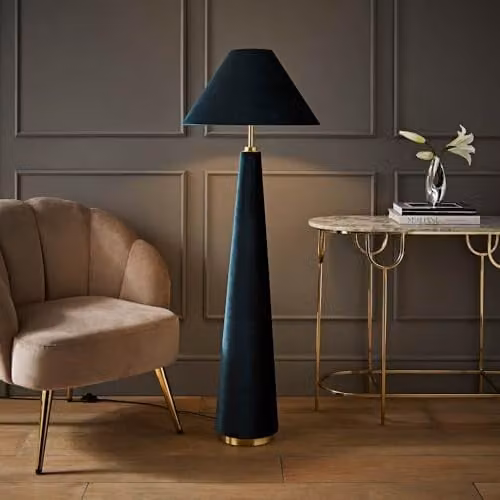 ValueLights Martha Conical Teal Velvet Midi Floor Lamp with Bulb and Gold/Brass Metal Base, Height: 140 cm – 1