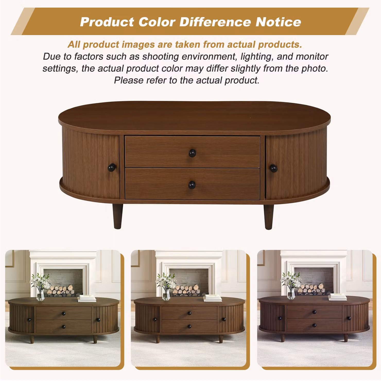 Aosom UK Oval Coffee Table with Sliding Roll-Top Doors and Two Drawers, Walnut Brown, W: 100 cm, D: 50 cm, H: 36 cm – 4
