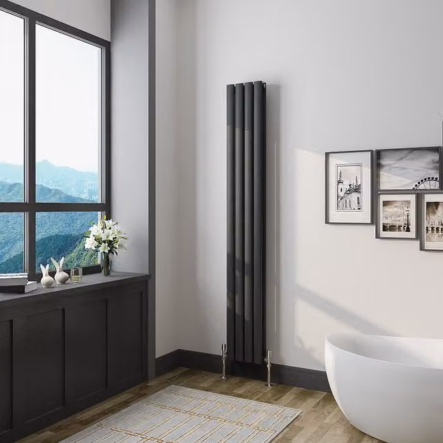 AicaBathroom Vertical Oval Column Radiator in Black, H: 160 cm x W: 23.6 cm