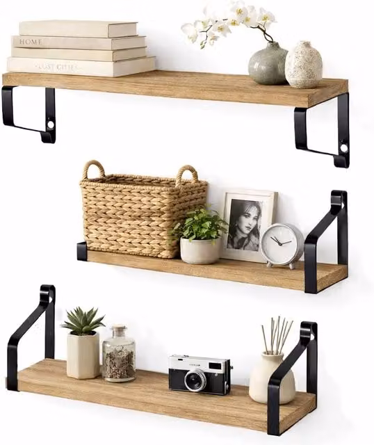 NESTLUNE 3 Pack Rustic Brown Wooden Floating Wall Mounted Shelves, W: 100 cm, D: 15 cm – 1