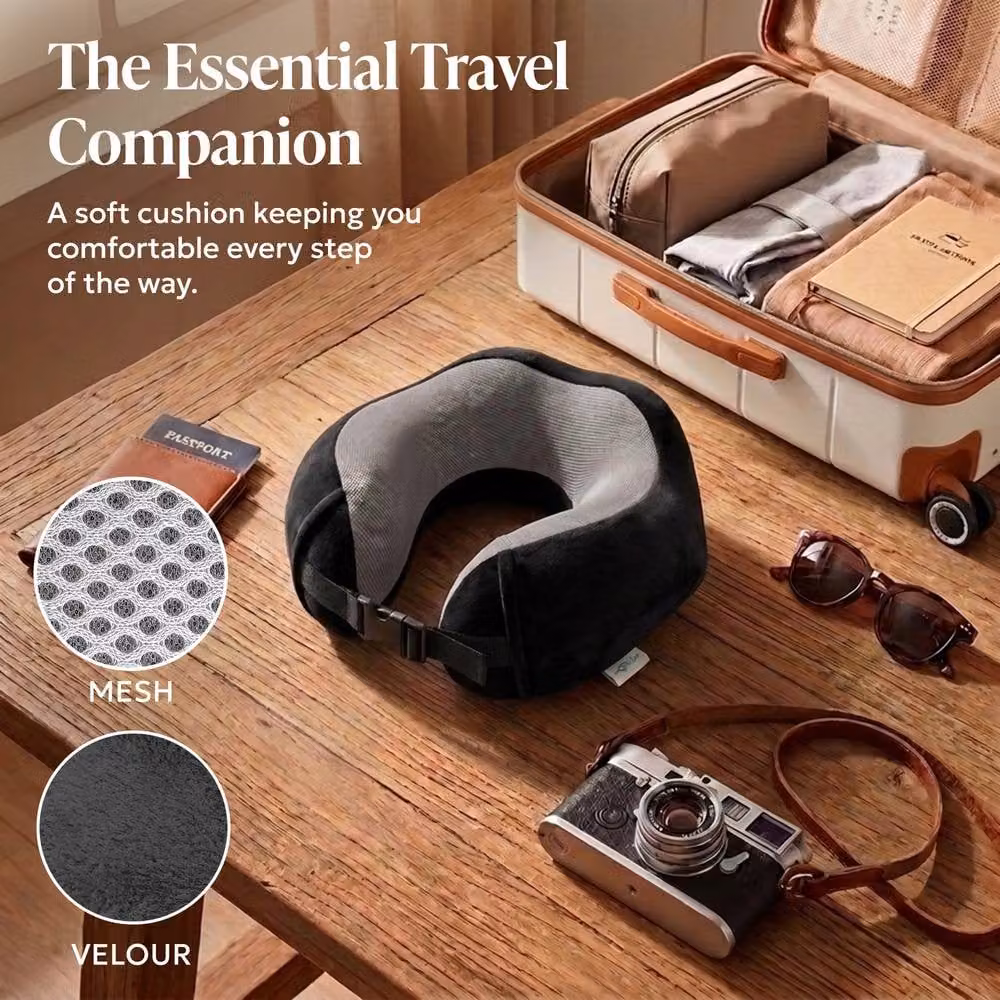 Lugg Black U-Shaped Memory Foam Travel Neck Pillow with Breathable Cooling Removable Polyester Cover – 6