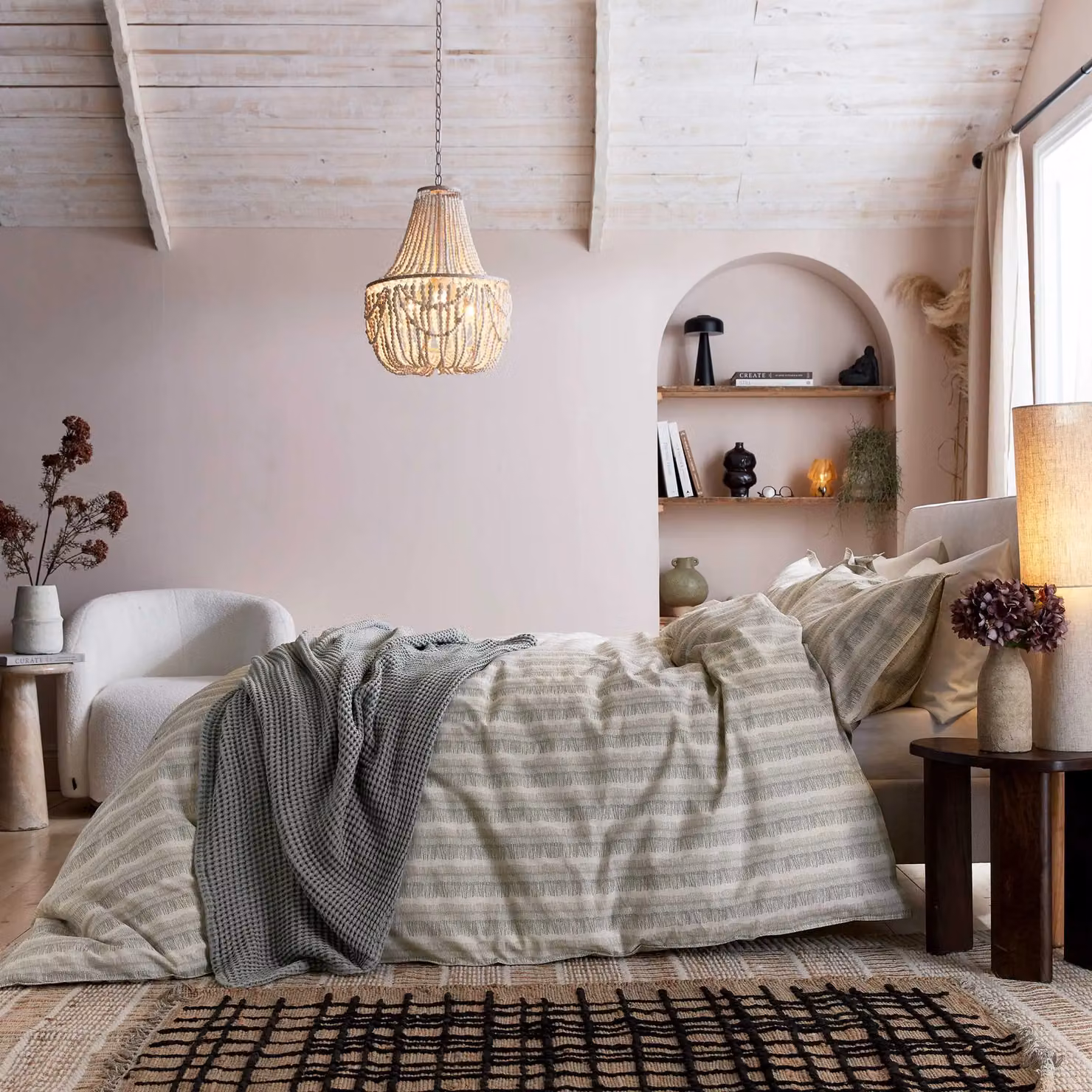 Murmur Moya Striped Cotton Duvet Cover and Pillowcase Set in Anthracite, Beige and Grey, W: 200 cm x D: 200 cm – 2