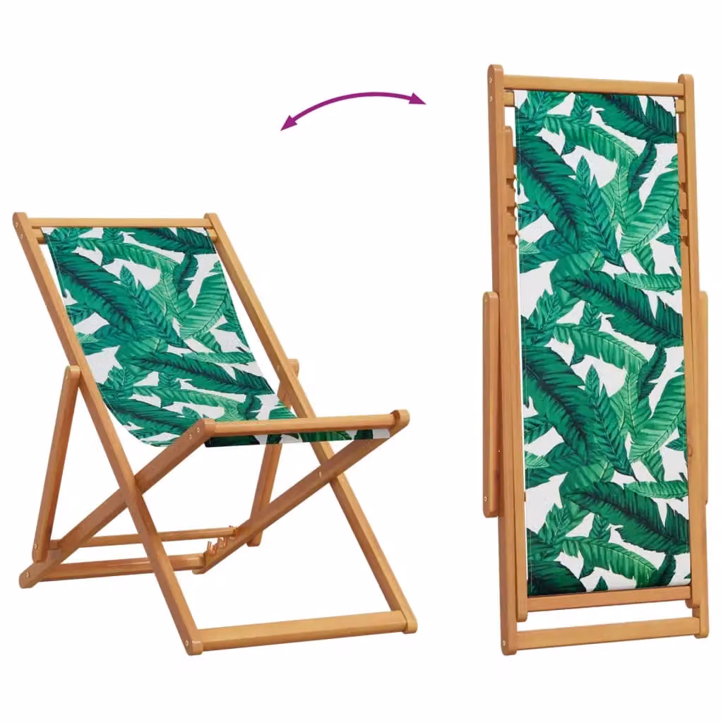 Berkfield Home Set of 2 Folding Beach Chairs in Green Leaf Pattern Fabric and Treated Hardwood – 4