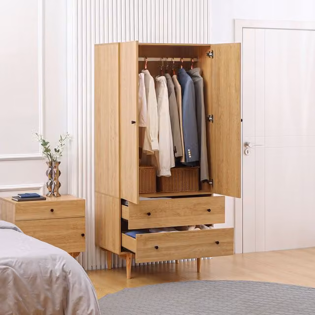 HOMCOM Modern 2 Door Wardrobe with 2 Internal Drawers and Hanging Rail in Brown – 1