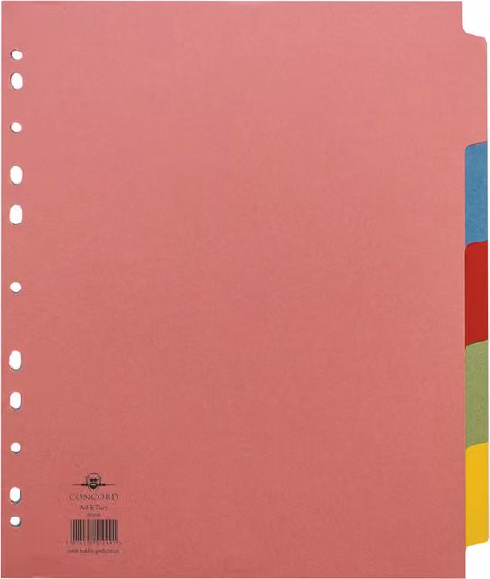 Pukka Concord 5-Part Pastel Tab Dividers, A4, Multicolour