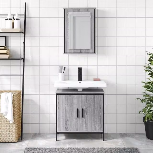 Berkfield Home Modern 2 Piece Grey Bathroom Furniture Set with Mirror Cabinet and Vanity Unit – 1