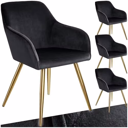 tectake Set of 4 Velvet Look Dining Chairs with Armrests and Gold Steel Legs, Black/Gold – 1