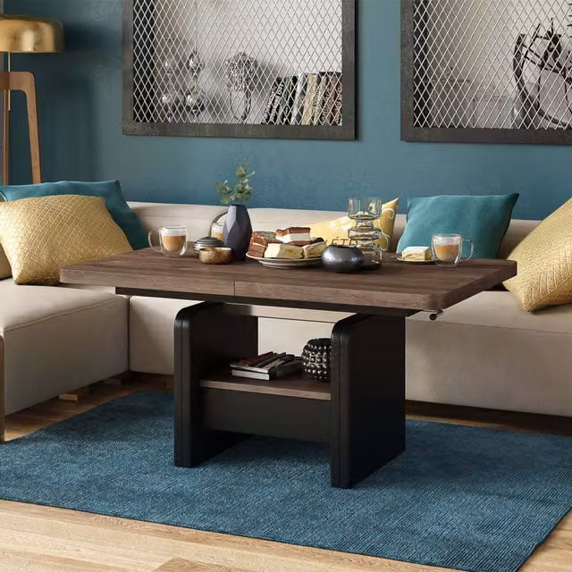 Heze Furniture Lexus 2-in-1 Extendable and Height-Adjustable Coffee Table in Brown Oak and Black