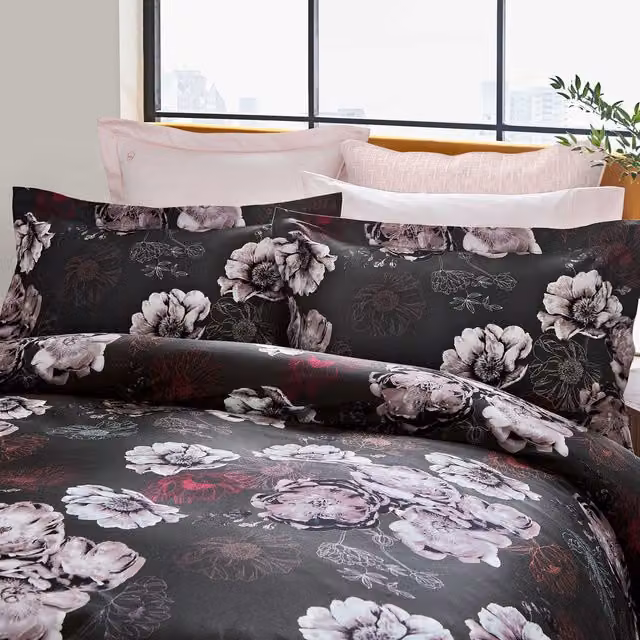 Ted Baker Fresh Start Single Duvet Cover and Pillowcase Set, Charcoal Floral Mako Satin Cotton, W: 90 cm, L: 200 cm