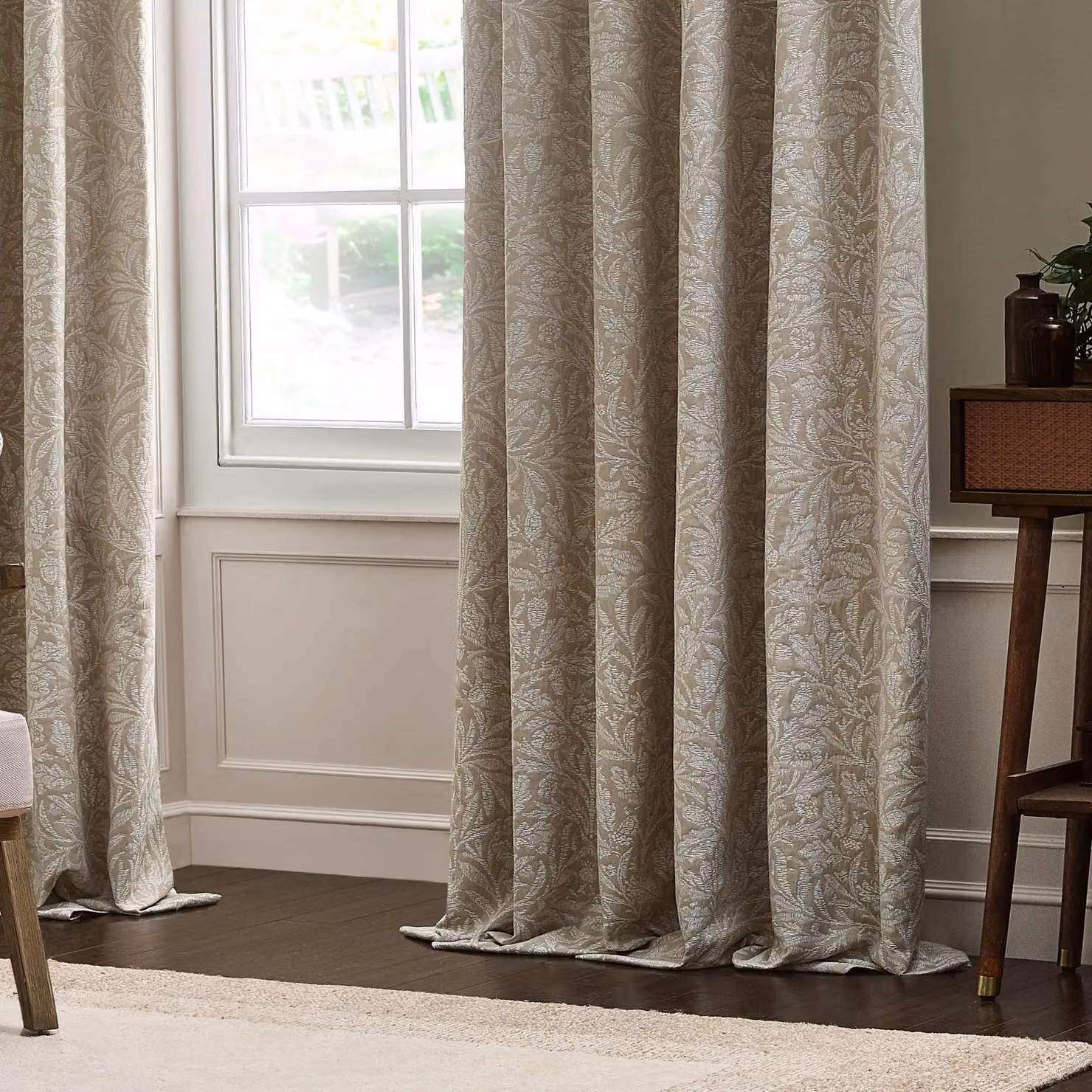 Morris & Co Acorn Tonal Matt Jacquard Pencil Pleat Curtains in Beige, Width: 168 cm, Drop: 229 cm – 4