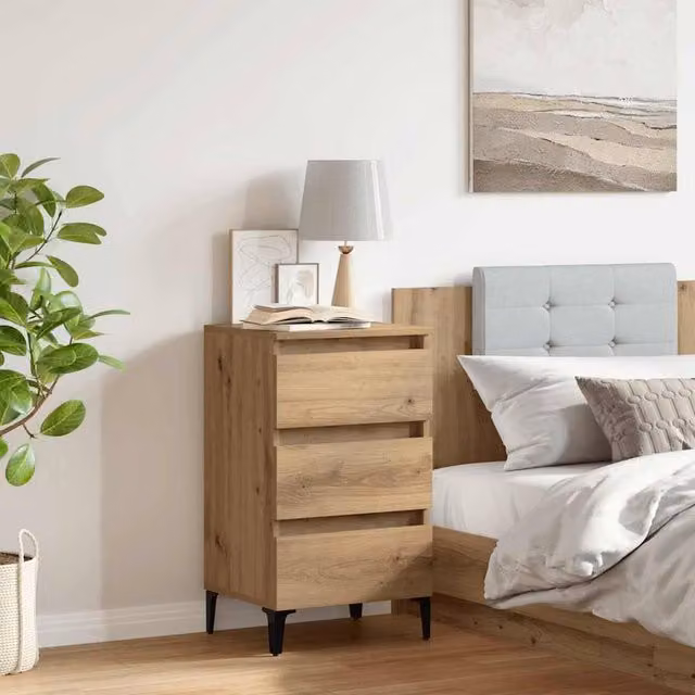 Berkfield Home Classic Bed Cabinet in Artisan Oak and Brown with Metal Legs, W/D/H: 40 x 35 x 69 cm