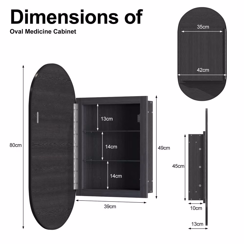 KEEPREAPER Sleek Oval Black Bathroom Mirror Cabinet with Adjustable Internal Shelves, W: 42 cm, H: 80 cm – 3