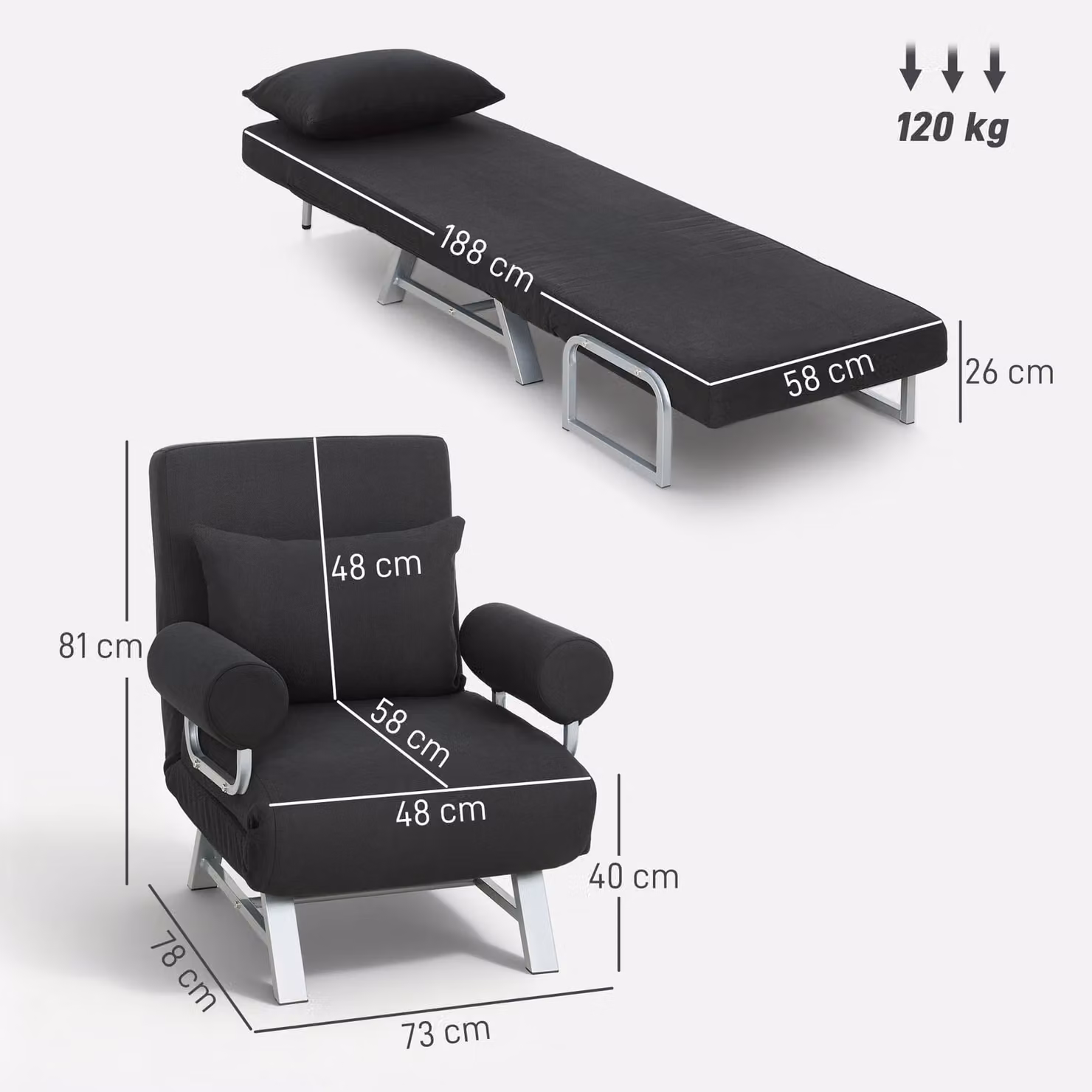 HOMCOM 3-in-1 Convertible Single Sofa Bed with Adjustable Backrest and Removable Armrests, Black – 3