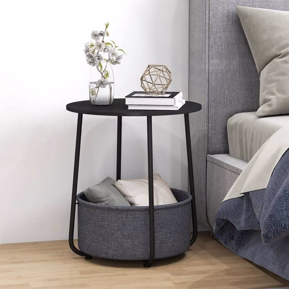 FORGEVIO Modern 2-Tier Small Bedside Table and Round End Table in Matt Black Metal – 3