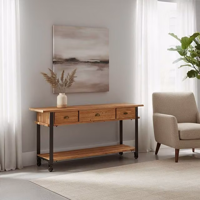 Orsina 3 Drawer Console Table in Natural Brown Wood and Metal, W/D/H: 159 x 39 x 75 cm – 1