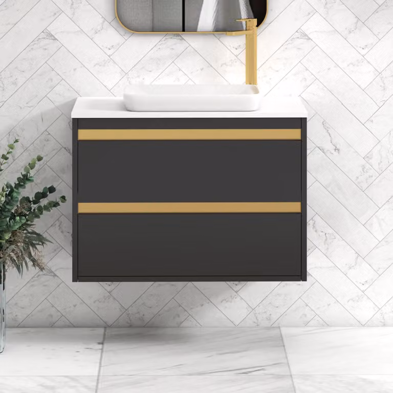 Royal Bathrooms Orion 800mm Wall Hung Vanity Unit in Matt Obsidian Black with Qubix White Basin and Brushed Brass Accents
