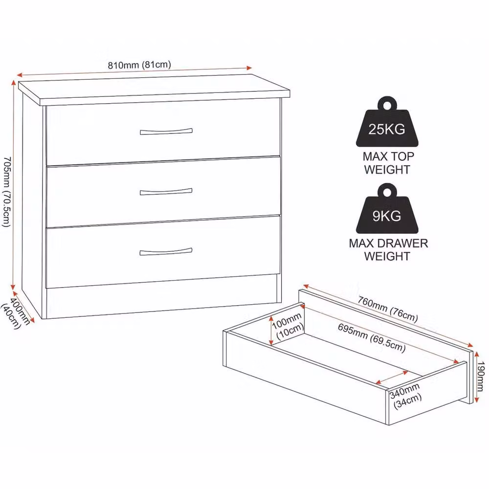 FORGEVIO Grey Gloss 3 Drawer Freestanding Modern Bedroom Storage Chest – 2