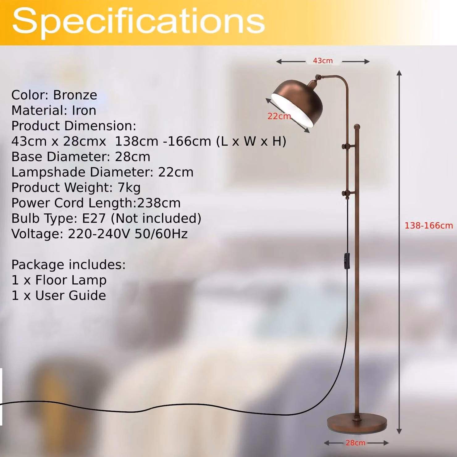 Costway Industrial Metal Floor Lamp, Height Adjustable Tall Lightstand with 180 Degree Dome Lampshade in Brown – 2