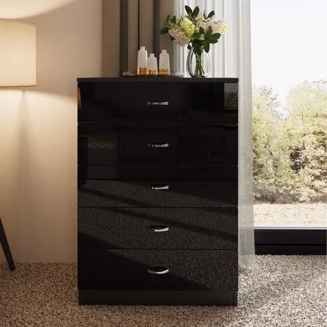 FWStyle Modern High Gloss Black 5 Drawer Tall Chest of Drawers