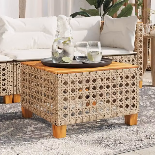 Berkfield Home Garden Table in Beige Poly Rattan and Acacia Wood, W/D/H: 55 x 55 x 36 cm – 1