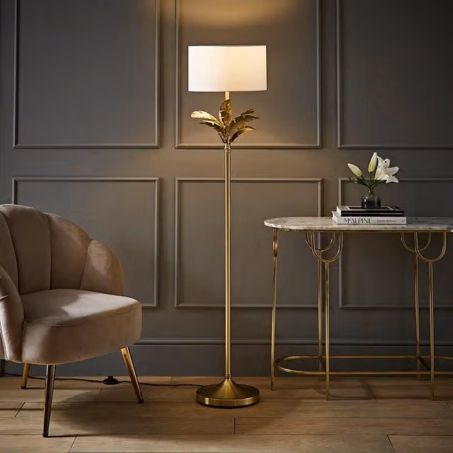 ValueLights Christina Palm Leaf Floor Lamp with White Fabric Drum Shade and LED Bulb in Gold/Brass