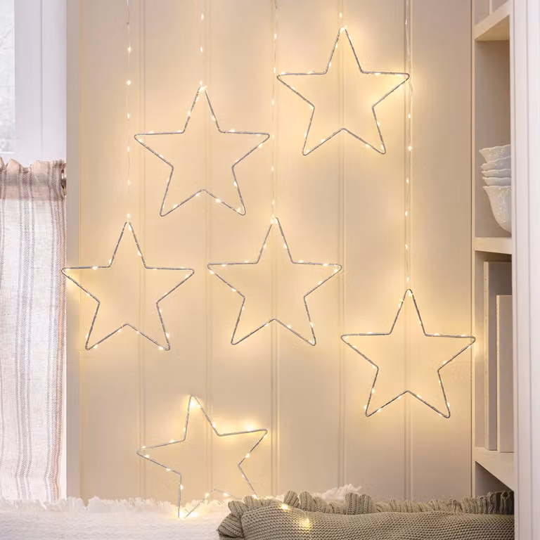 6 Silver Metal Outdoor Hanging Star Lights with White Accents