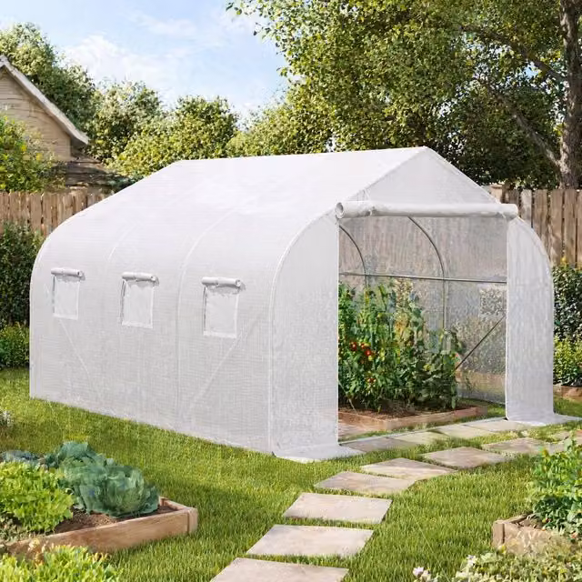 STILVORA Walk-In Greenhouse with 6 Mesh Windows and PE Cover in White, W: 445 cm, D: 300 cm, H: 205 cm