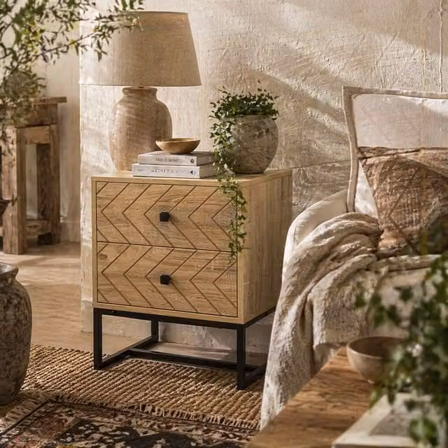 Wyld Haus Nema Diso Natural Wood 2 Drawer Nightstand with Zig Zag Chevron Design, Brown and Black, W: 39.5 cm, D: 48 cm, H: 60 cm