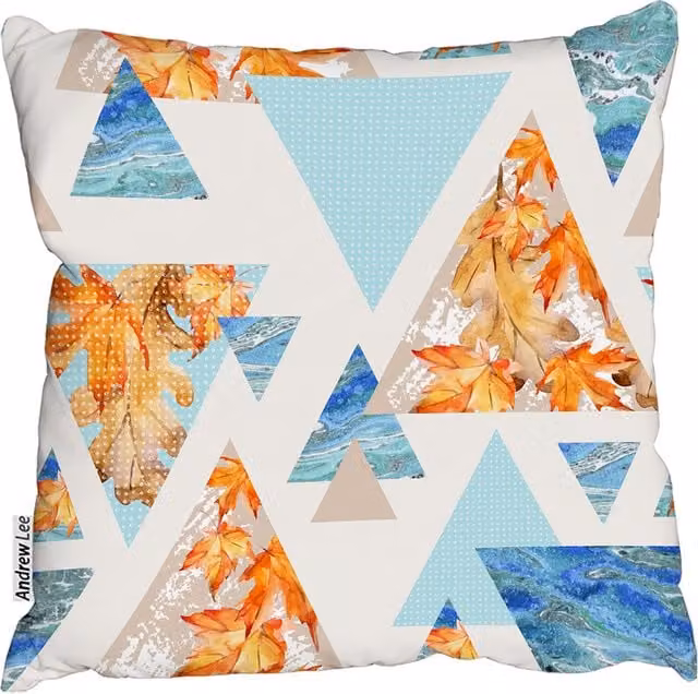 Andrew Lee Triangles With Maple, Oak Leaves and Marble Square Cushion, Blue/Multicolour, W: 60 cm x H: 60 cm