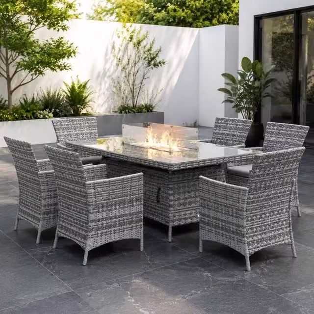 STILVORA 6-Seater Grey Garden Dining Set with Fire Pit, Rattan and Metal Construction