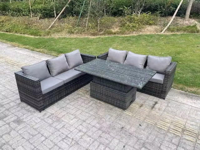 Fimous 6 Seater Outdoor Rattan Sofa Set with Adjustable Rising Lifting Dining Table in Dark Grey